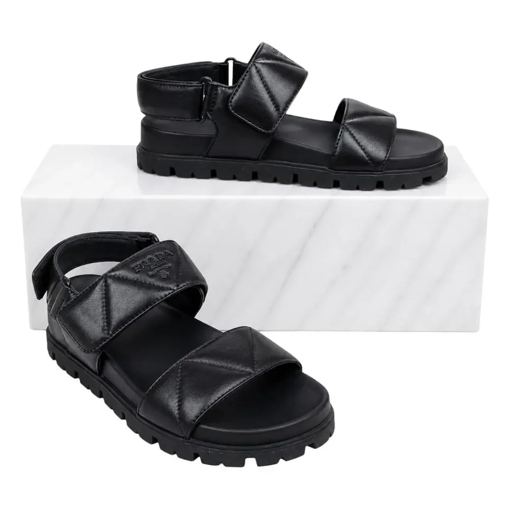 Prada Calzature Donna Logo 20mm Dad Sandal Black Nappa Leather Size 37
